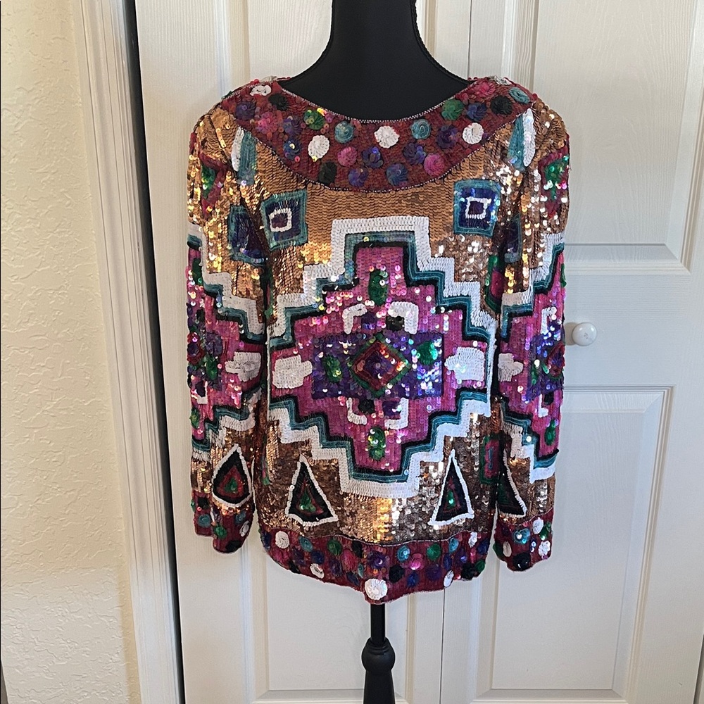 Jean Joseph Le Bon All Over Sequin Aztec Geometric Silk Vintage 80s Sz S